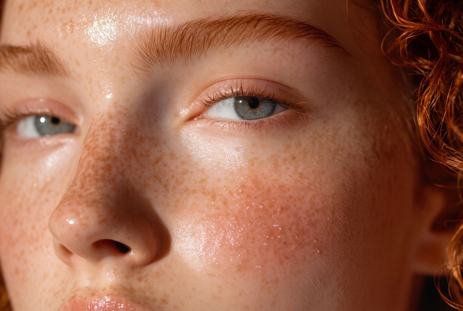 Freckled skin bathed in warm afternoon light