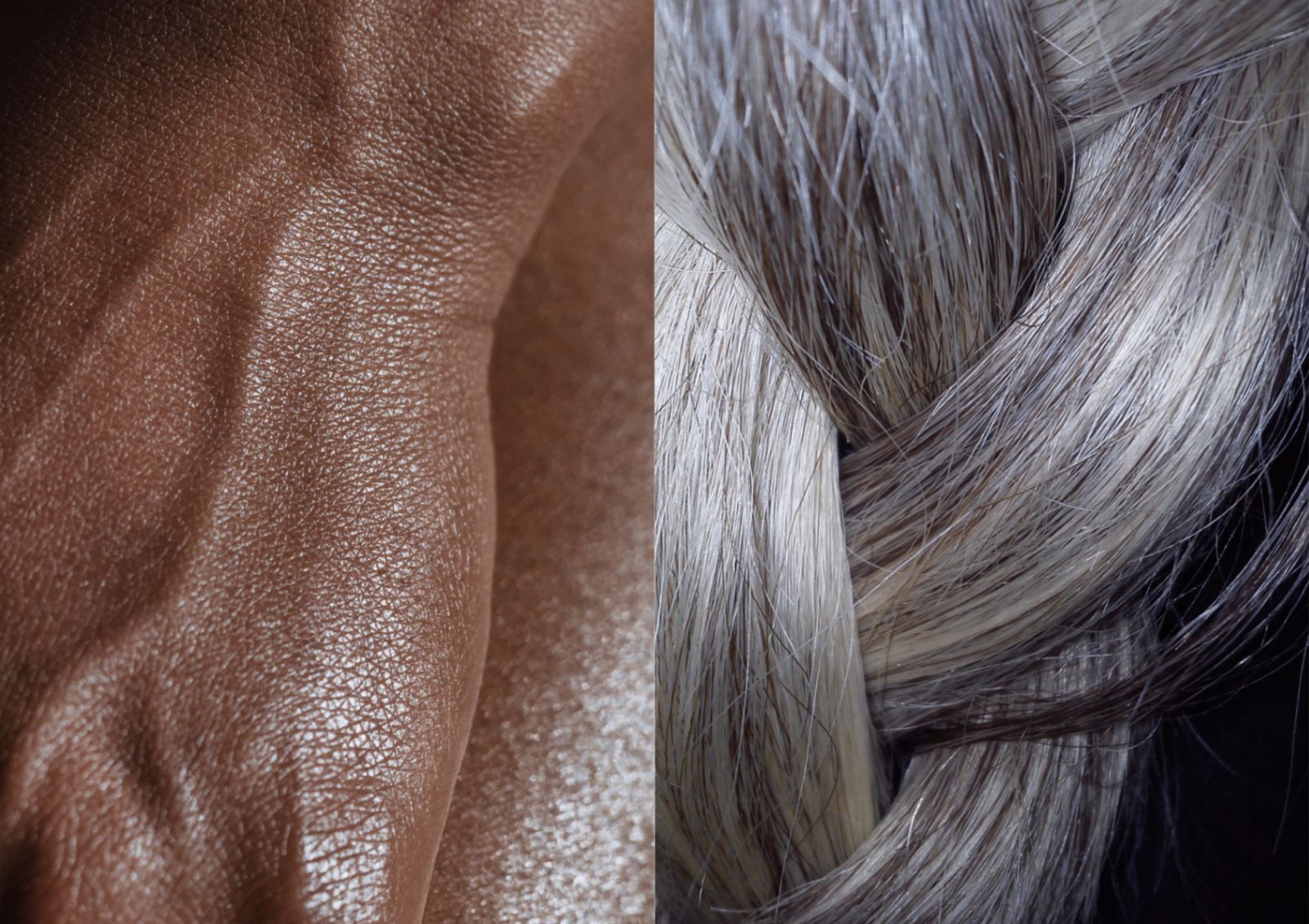 A diptych of sunlit brown skin and a silver braid — body and landscape woven together